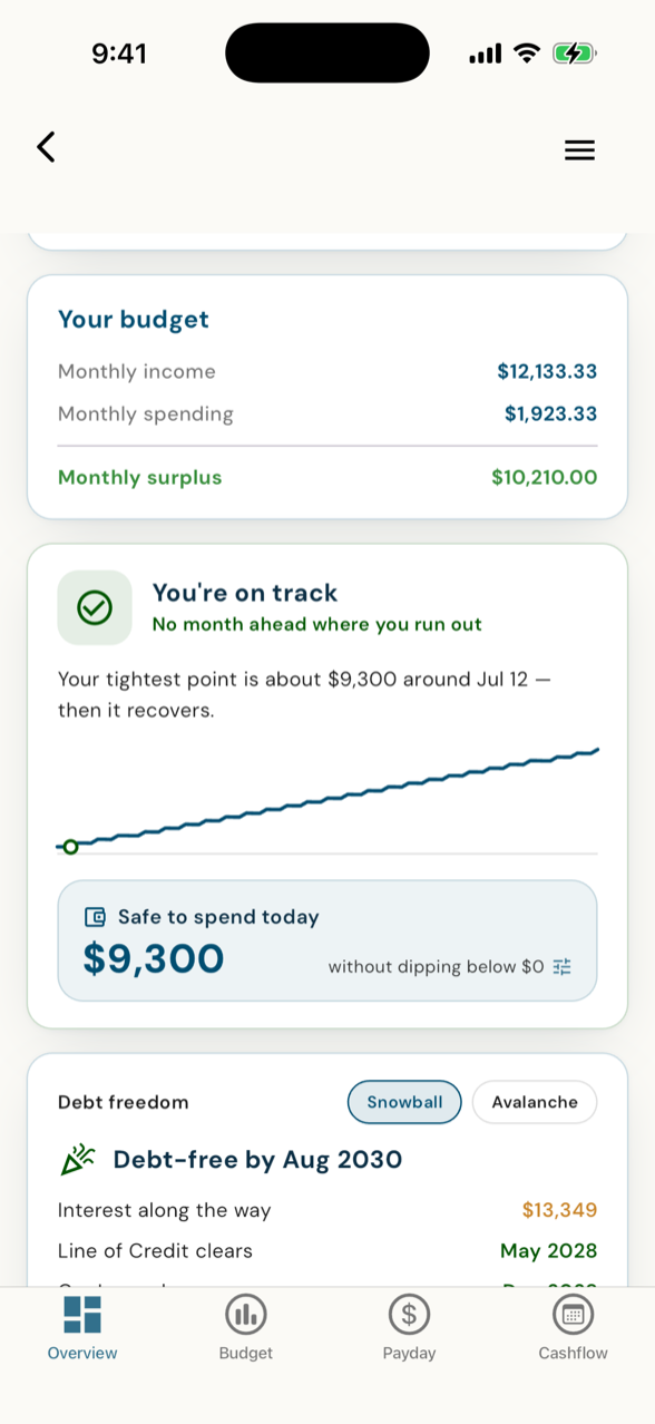The client app — a 12-month runway of the real projected balance