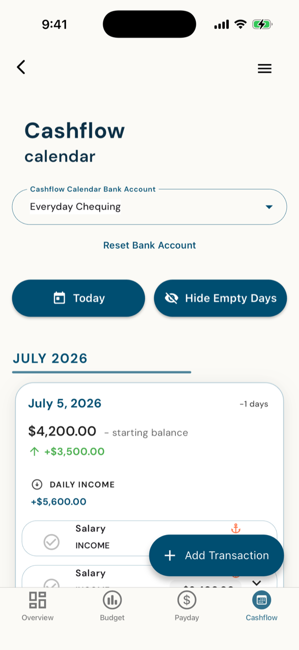 Cashflow Calendar — income and bills day by day