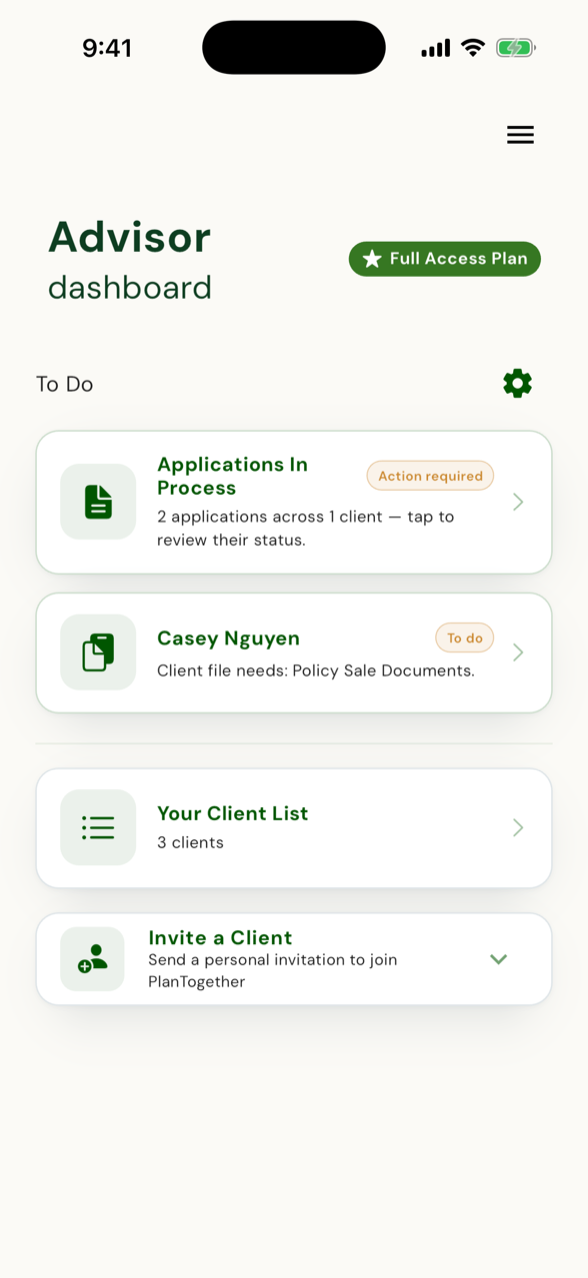 Advisor dashboard — applications in process and the client files that need work