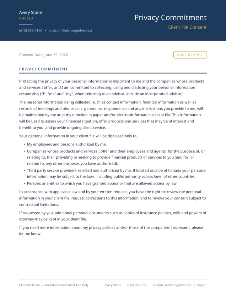The generated Privacy Commitment & Consent PDF