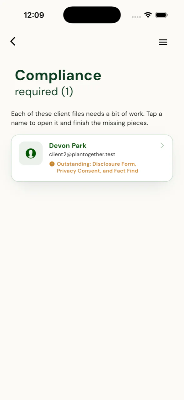 Compliance To-Do - the client files that need work, and which forms