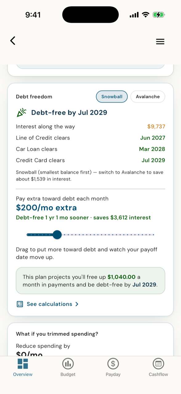 Debt Freedom — snowball/avalanche and the extra-payment slider