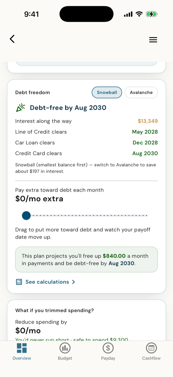 Debt Freedom — the extra-payment slider at $0/mo.