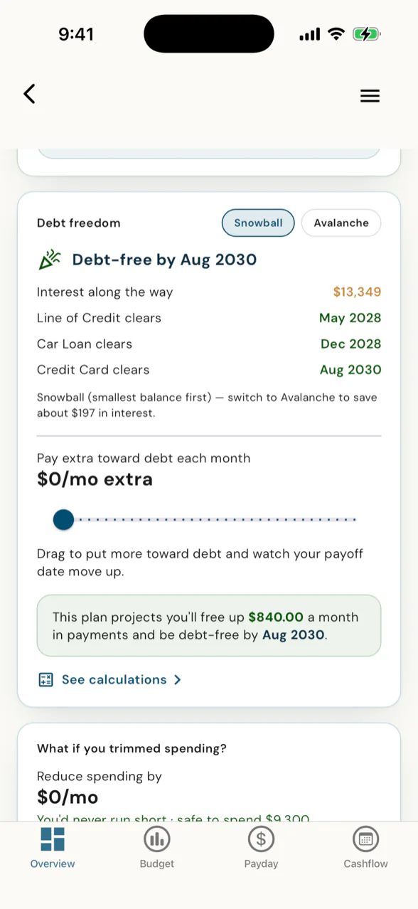Debt Freedom - Snowball/Avalanche toggle, per-debt payoff dates, and the extra-payment slider at $0.