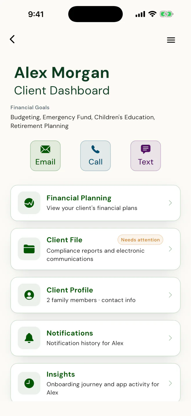Alex Morgan client dashboard: goals, Financial Planning, Client File, Client Profile, Notifications, Insights
