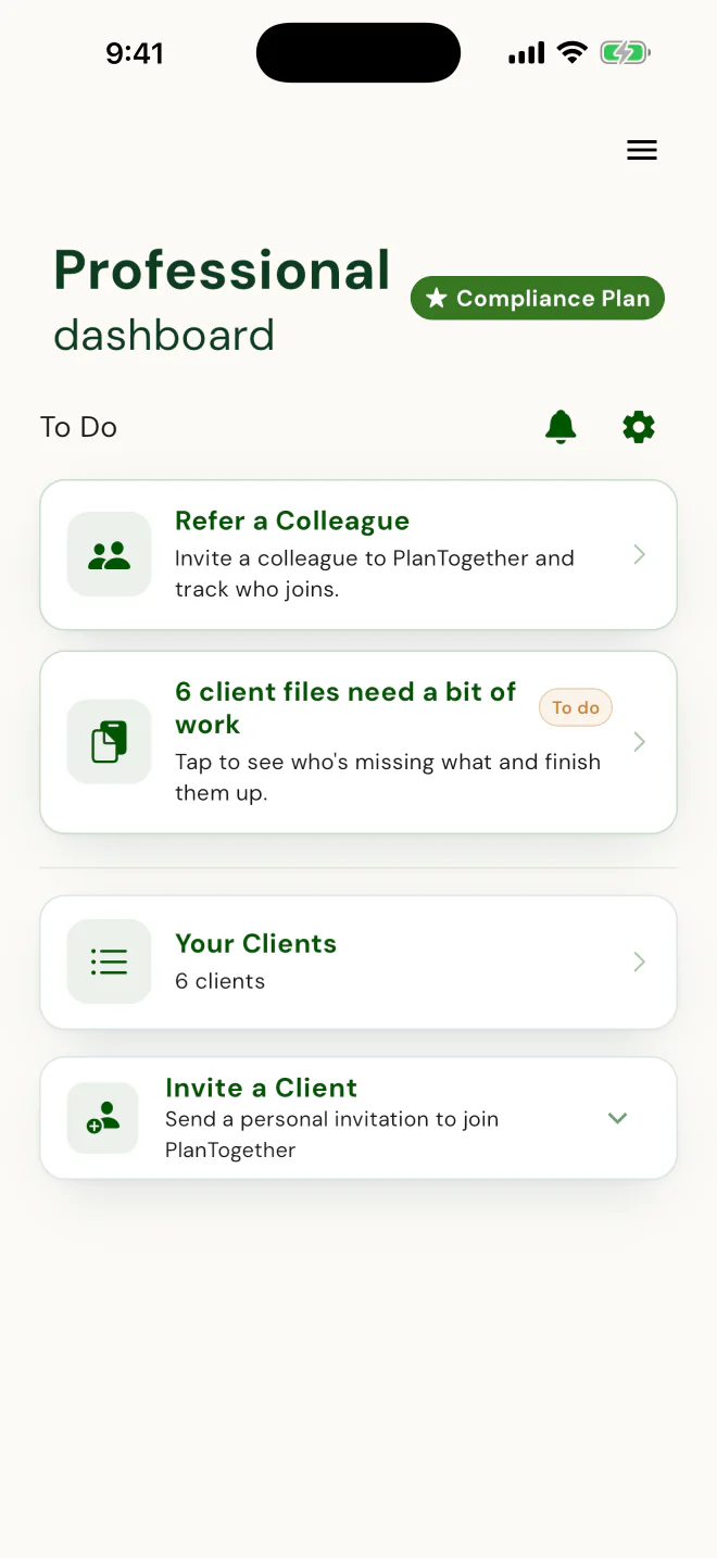 Professional dashboard: To Do, Your Clients (6 clients) and Invite a Client