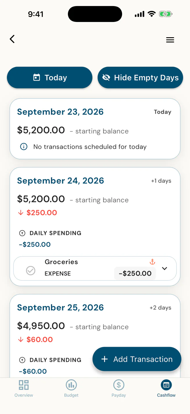 Cashflow calendar: each day's balance with the bills and deposits scheduled on it