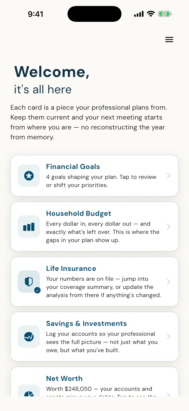 Client home screen: Welcome, it's all here, with Financial Goals, Household Budget, Life Insurance and Savings cards