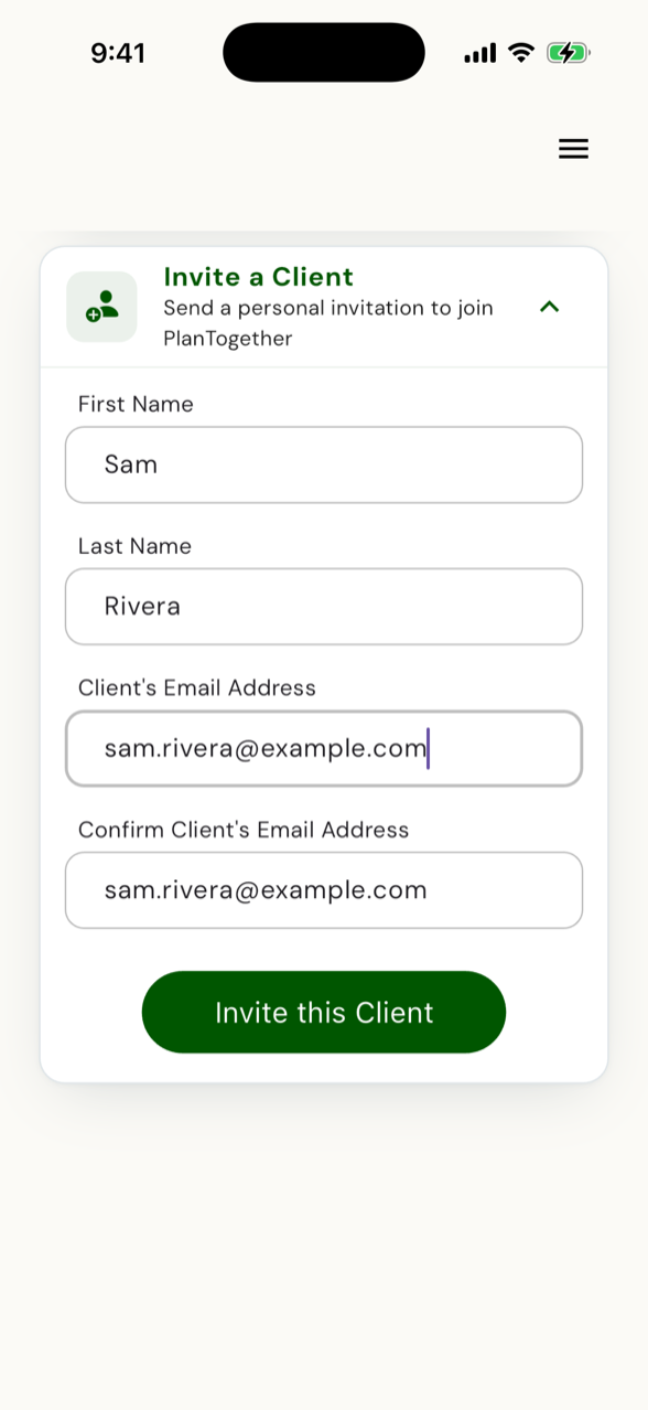 The advisor's invite - first name, last name, email, confirm email, one button