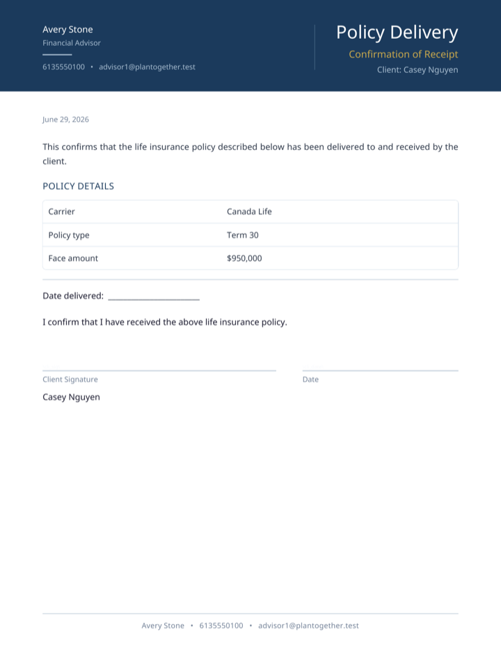 The generated Policy Delivery PDF