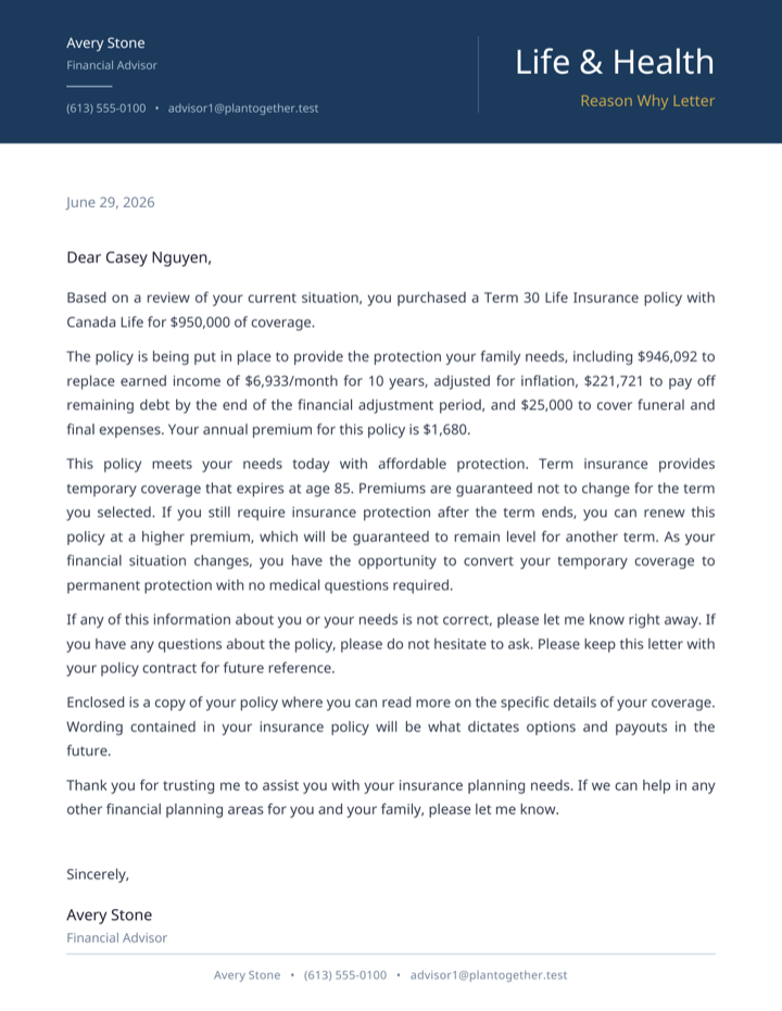 The generated Reason-Why Letter PDF