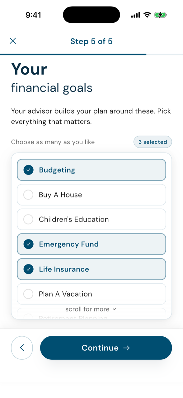 Client onboarding - choosing goals